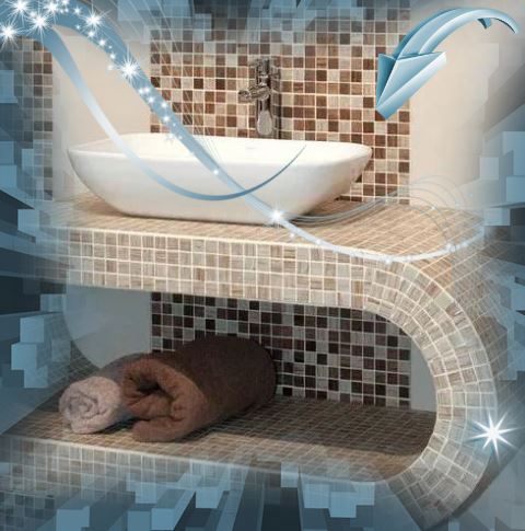 lebegő épített mosdópult, mozaik burkolás